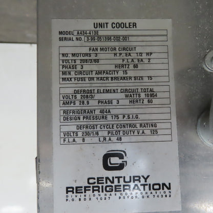Century Refrigeration A434-413E 3 Fan Evaporator Unit Cooler R404A 208-230V 3Ph