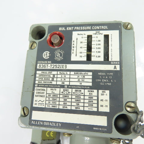 Allen-Bradley 836T-T252JX9 Pressure Control Switch 0-75PSI Ser A 600V