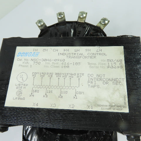 Dongan NSC-30H6-0960 750VA 1Ph Transformer 190/575V Pri 110/120V Sec