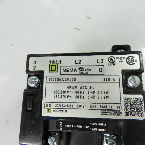 Square D 8536SBO2H30S NEMA Size 0 Motor Starter W/Overload Relay 120V Coil