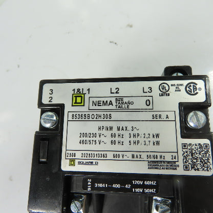 Square D 8536SBO2H30S NEMA Size 0 Motor Starter W/Overload Relay 120V Coil