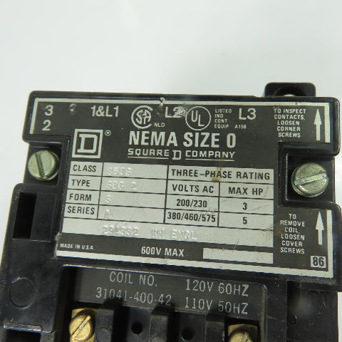 Square D 8536SBG2 NEMA Size 0 3-Pole Motor Starter 600V Max