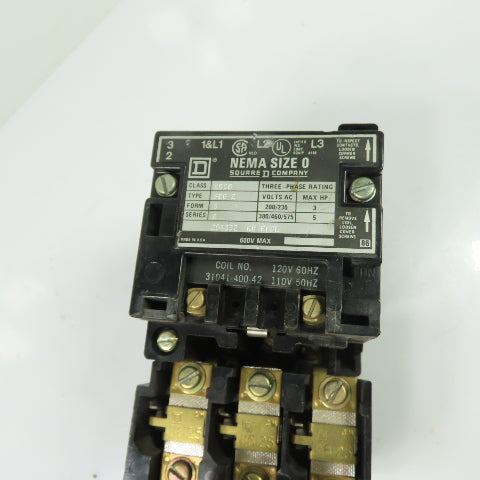 Square D 8536SBG2 NEMA Size 0 3-Pole Motor Starter 600V Max