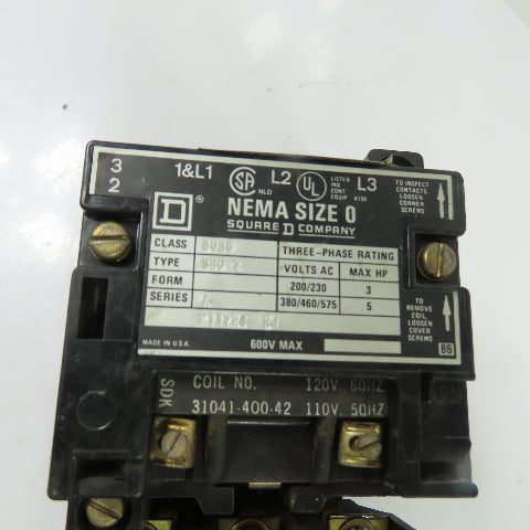 Square D 8536SB02 3-Pole NEMA Size 0 Motor Starter 600V