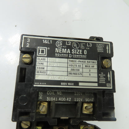 Square D 8536SB02 3-Pole NEMA Size 0 Motor Starter 600V