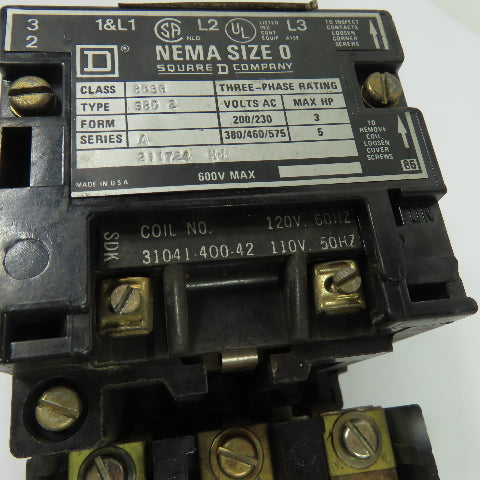 Square D 8536SB02 3-Pole NEMA Size 0 Motor Starter 600V