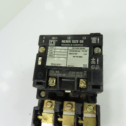 Square D 8536SAG12 NEMA Size 00 Magnetic Motor Starter 120V Coil 600V Max