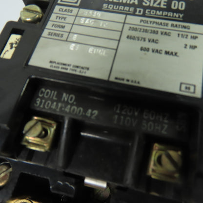 Square D 8536SAG12 NEMA Size 00 Magnetic Motor Starter 120V Coil 600V Max