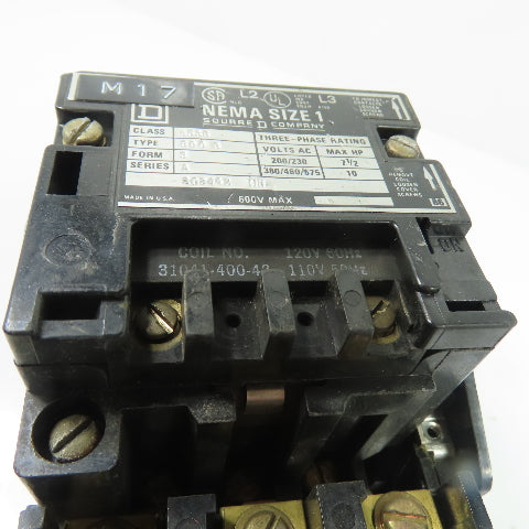 Square D 8536SC03 3-Pole NEMA Size 1 Motor Starter 120V Coil 600VAC