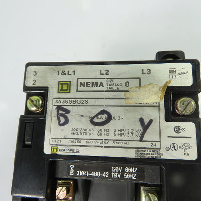 Square D 8536SBG2S NEMA Size 0 Motor Starter 120V Coil 600V Max