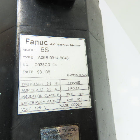 Fanuc A06B-0314-B043 AC Servo Motor 8-Pole 2000RPM 126V 3Ph