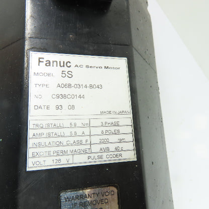 Fanuc A06B-0314-B043 AC Servo Motor 8-Pole 2000RPM 126V 3Ph
