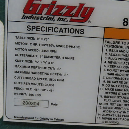 Grizzly G 0500 8" x 75" Woodworking Jointer 2HP 110V/220V 1Ph 4-Knife Tested
