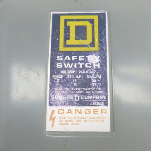 Square D D223N 100A Fusible Safety Disconnect Switch 240VAC 2-Pole Type 1 Enc.