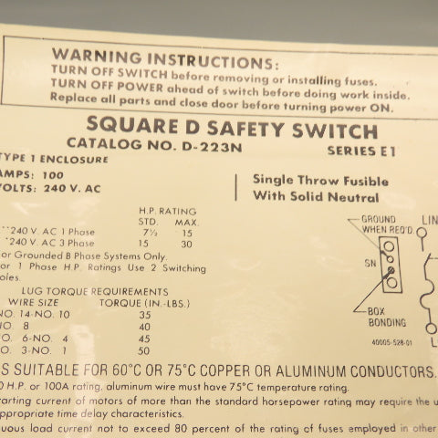 Square D D223N 100A Fusible Safety Disconnect Switch 240VAC 2-Pole Type 1 Enc.