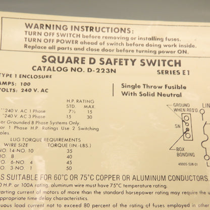 Square D D223N 100A Fusible Safety Disconnect Switch 240VAC 2-Pole Type 1 Enc.