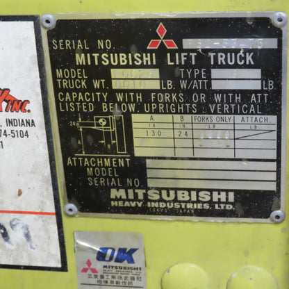 Mitsubishi FGC25 5000lb LP Gas Forklift 130" Lift 3-Stage Mast Side Shift