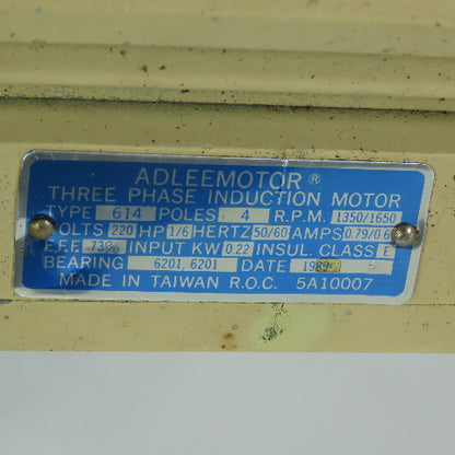 Adleemotor 614 1/6HP Electric Motor 220V 3Ph 1350/1650RPM