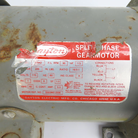 Dayton 2Z843 1/3HP AC Gearmotor 115V 1Ph 90RPM 19.0:1 Ratio Tested