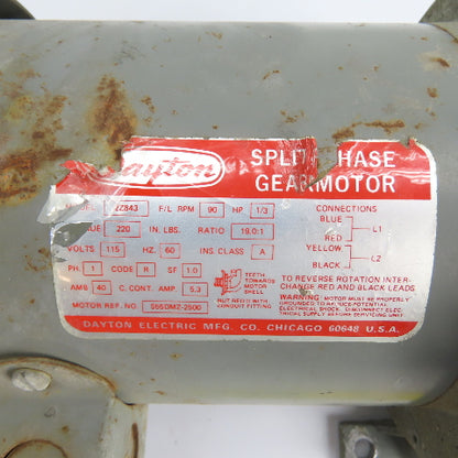 Dayton 2Z843 1/3HP AC Gearmotor 115V 1Ph 90RPM 19.0:1 Ratio Tested