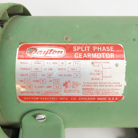 Dayton 2Z843 1/3HP AC Gearmotor 115V 1Ph 90RPM 19.0:1 Ratio Tested