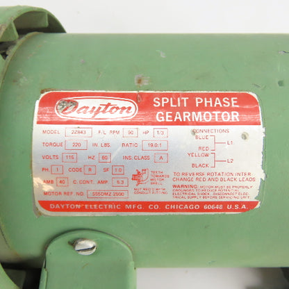 Dayton 2Z843 1/3HP AC Gearmotor 115V 1Ph 90RPM 19.0:1 Ratio Tested