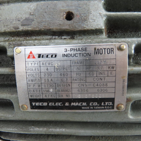 TECO AEVC 5HP AC Electric Motor 230/460V 3Ph 112M Frame 1730RPM