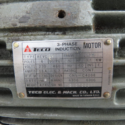 TECO AEVC 5HP AC Electric Motor 230/460V 3Ph 112M Frame 1730RPM