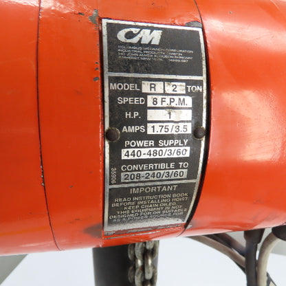 CM Lodestar Model R 2Ton 4000LB Electric Chain Hoist 10' Lift 8FPM 230/460 3Ph