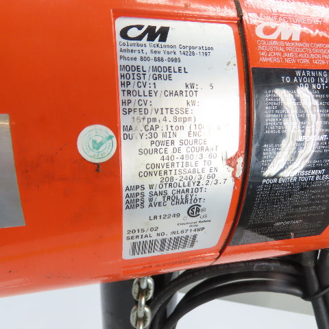 CM Lodestar Model L 1 Ton 2000LB Electric Chain Hoist 16FPM 15'Lift 3Ph 230/460V