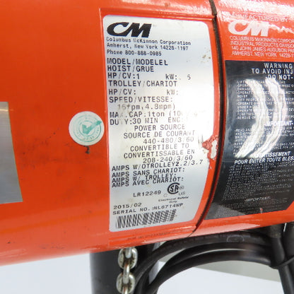 CM Lodestar Model L 1 Ton 2000LB Electric Chain Hoist 16FPM 15'Lift 3Ph 230/460V