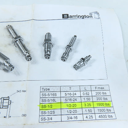 Barrington SS-1/2 Stop Screw 1/2-20 Thread 3-1/4" OAL 1500F.Max Missing Nuts