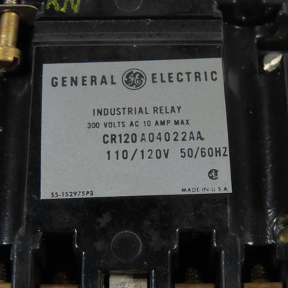 General Electric CR120A04022AA Industrial Control Relay 10A 300VAC 110/120V Coil