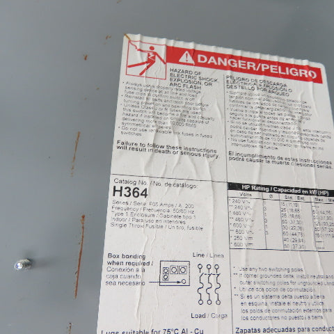 Square D H364 200A 3-Pole Fusible Safety Disconnect Switch 600VAC