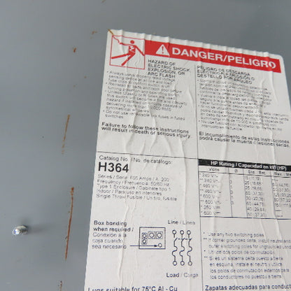 Square D H364 200A 3-Pole Fusible Safety Disconnect Switch 600VAC
