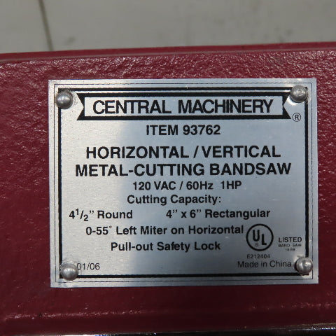 Central Machinery 93762 Horizontal Vertical Metal-Cutting Bandsaw 120V 1Ph 1HP