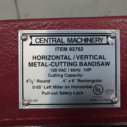 Central Machinery 93762 Horizontal Vertical Metal-Cutting Bandsaw 120V 1Ph 1HP