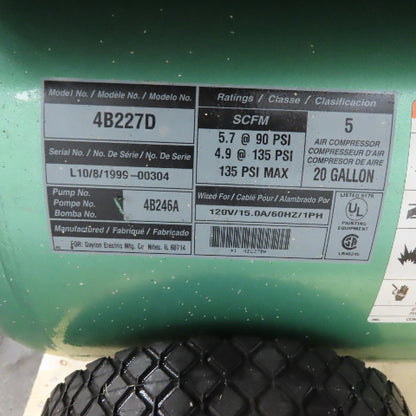Speedaire 4B227D Portable Air Compressor 20 Gal 115/230V 1Ph