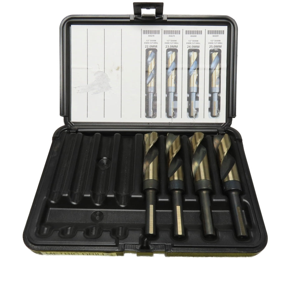 Kwik Cut A00107 4-Piece 1/2" Reduced Shank Metric Drill Bit Set 22-25mm