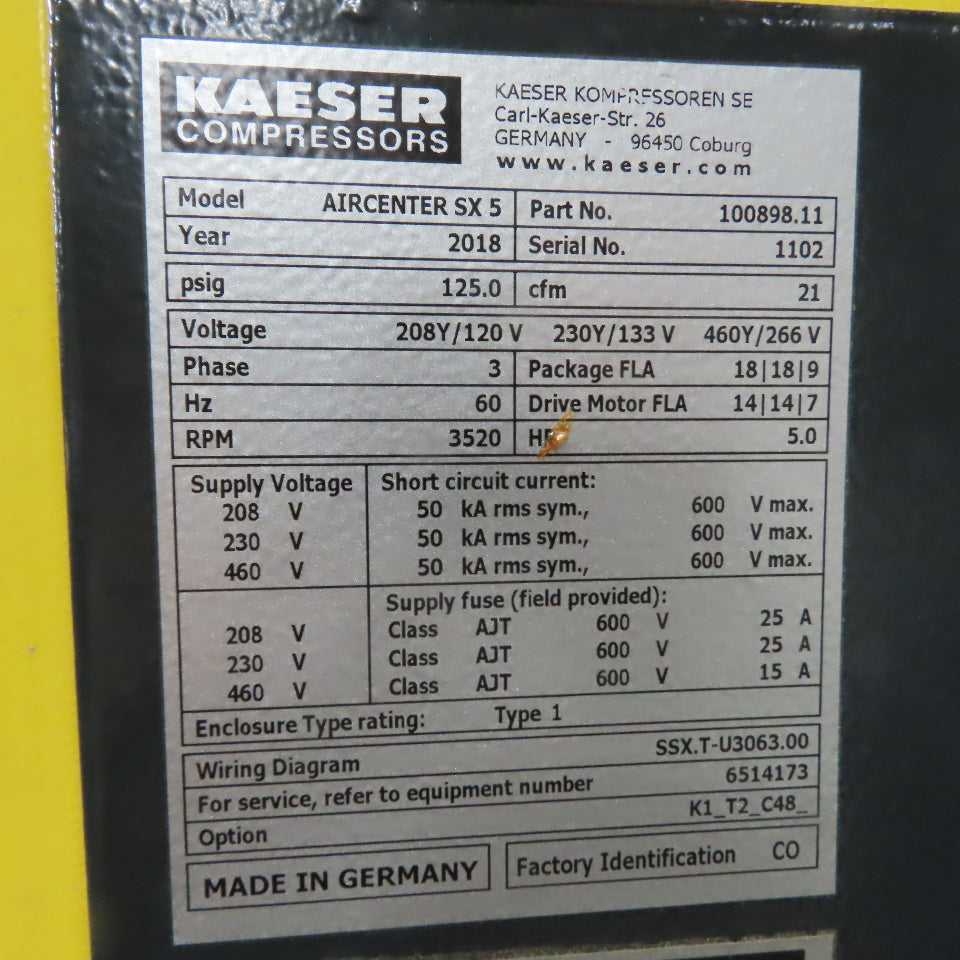 Kaeser Aircenter SX 5 5HP Rotary Screw Air Compressor 230/460V 3Ph W/Dryer 21CFM