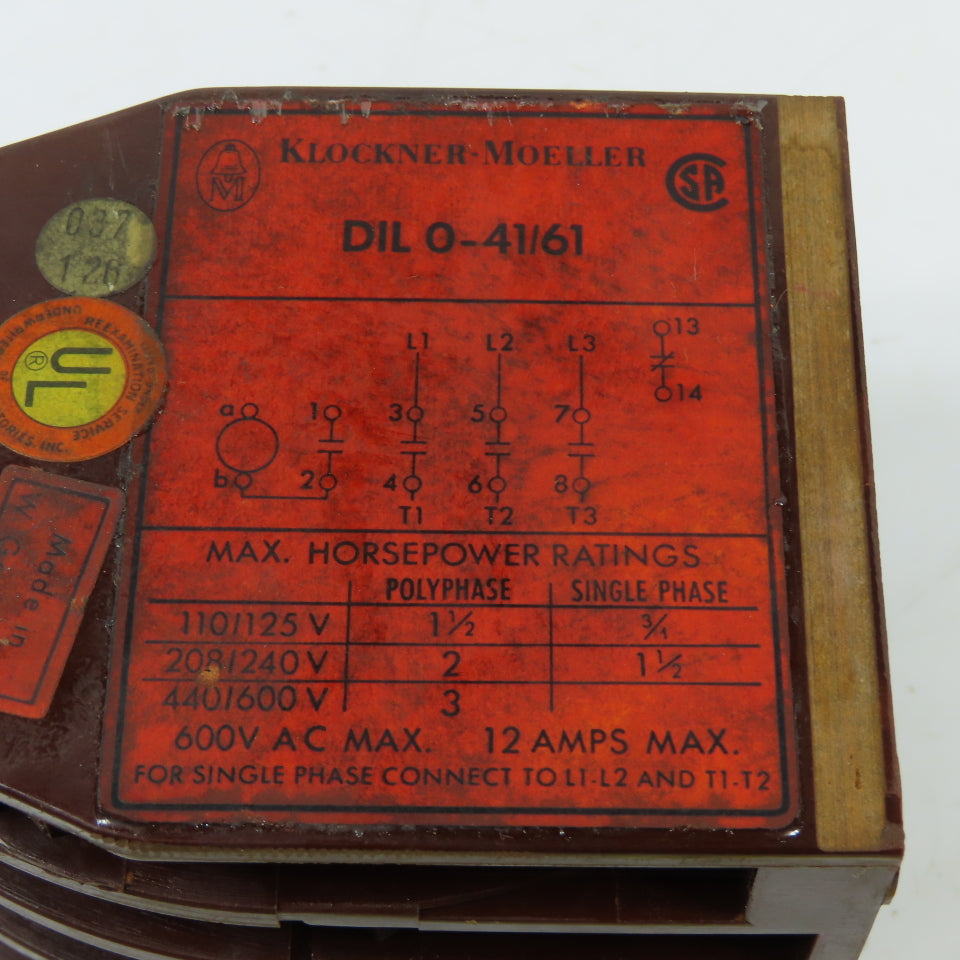 Klockner-Moeller DIL 0-41/61 3-Pole AC Contactor 600VAC 12A Max