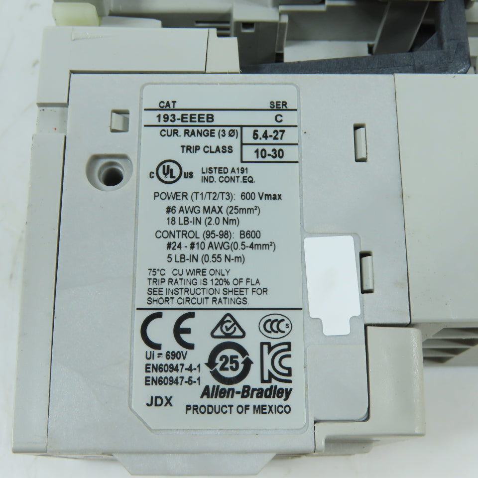 Allen Bradley 193-EEEB 100-C16*10 3-Pole Contactor Overload Relay 5.4-27A 110V