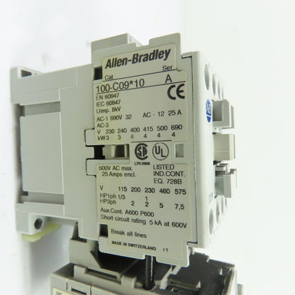 Allen-Bradley 100-C09*10 9A 600V Contactor 120V Coil w/ 193-EA2EB Relay 1.6-5A