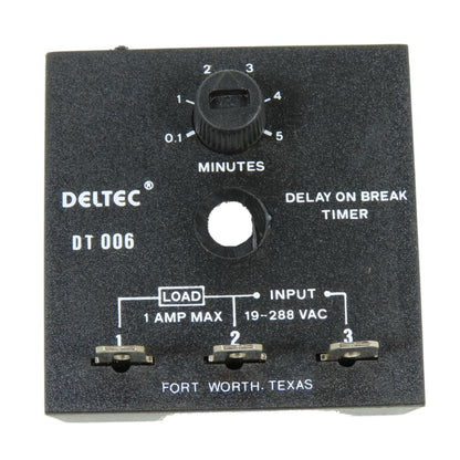 Deltec DT006 Delay On Break Timer 0.1-5 Min Adjustable 19-288VAC 1A Max