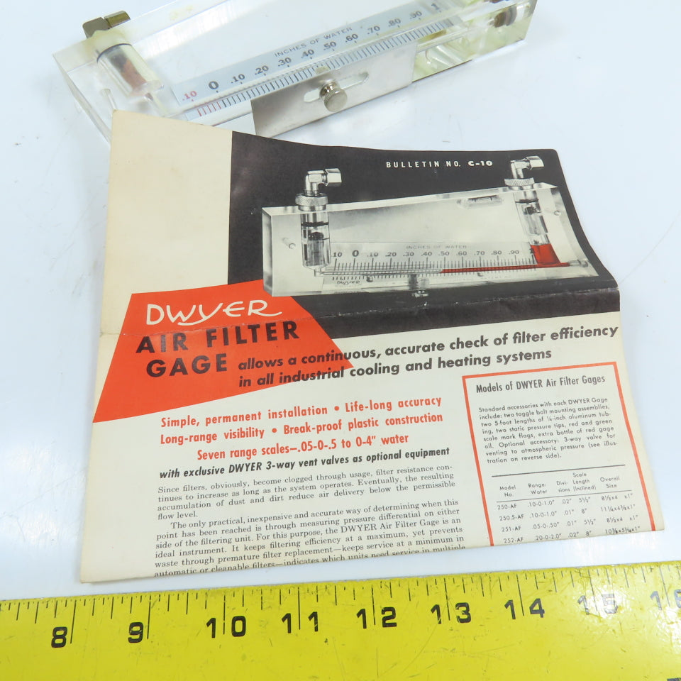 Dwyer 250-AF Inclined Manometer Air Filter Gage .10-0-1.0" Water Column
