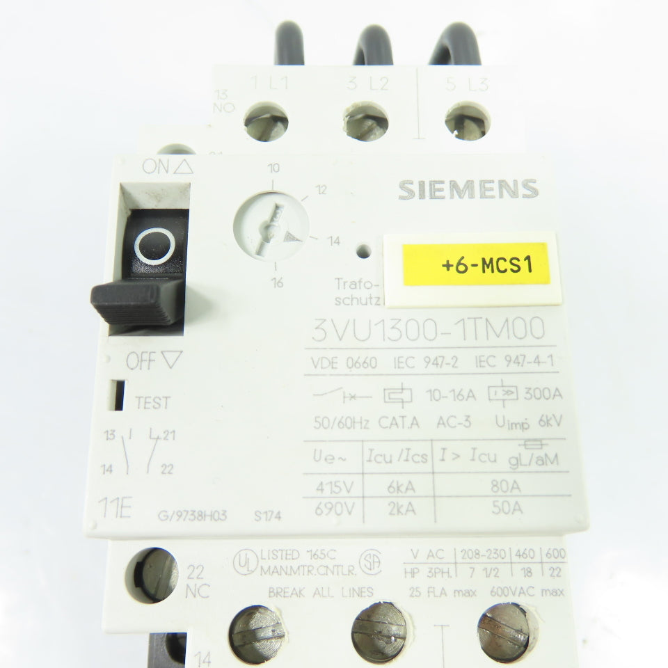 Siemens 3VU1300-1TM00 10-16A 3-Pole Manual Motor Starter Protector 600VAC 3Ph