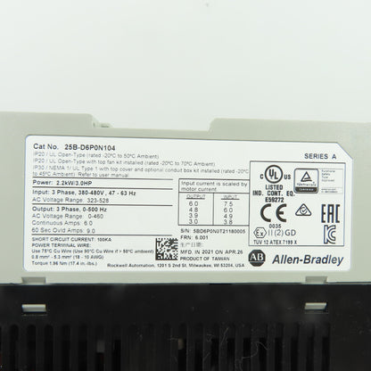 Allen-Bradley 25B-D6P0N104 Poweflex 525 3.0HP 2.2kW AC Drive 380-480V Input SerA