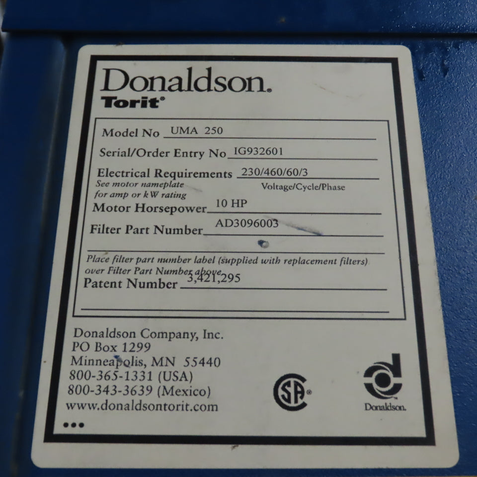 Donaldson Torit UMA 250 10HP Unimaster Dust Collector 230/460V 3Ph 450-3000CFM