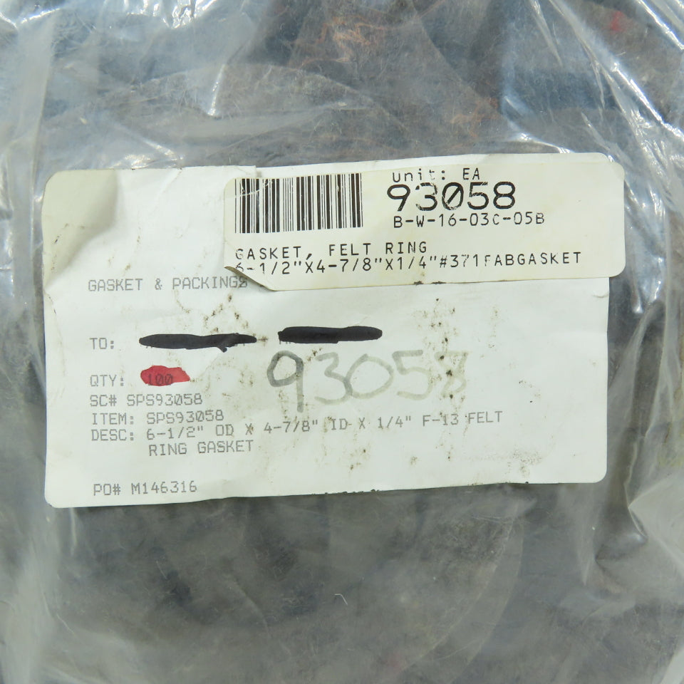 93058 Felt Ring Gasket 6-1/2" OD x 4-7/8" ID x 1/4" Thick Lot Of 50