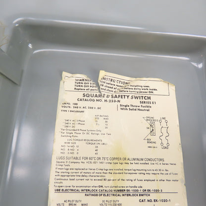Square D H-223-N 100A 3-Pole Single Throw Fusible Safety Disconnect Switch240VAC